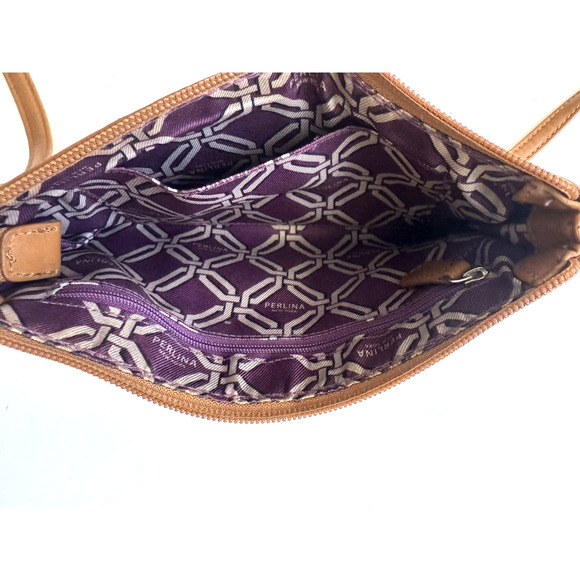 Perlina New York Crossbody Bag Caramel-Brown Leather Small Compact 9x6" Handbag - Picture 2 of 12